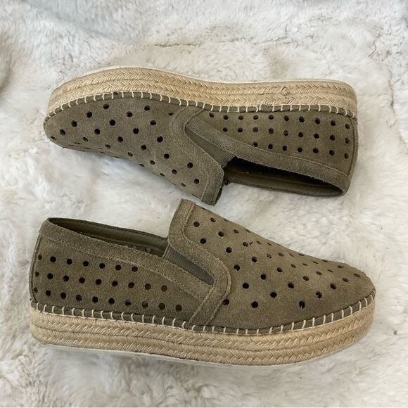 Steve Madden Widmer olive green leather suede perforated platform espadrilles 7B - Picture 5 of 14